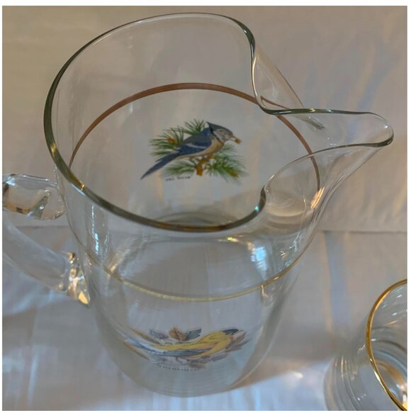 Vintage West Virginia Glass American Songbirds Pitcher w/ 2 Juice Glasses - Picture 3 of 3